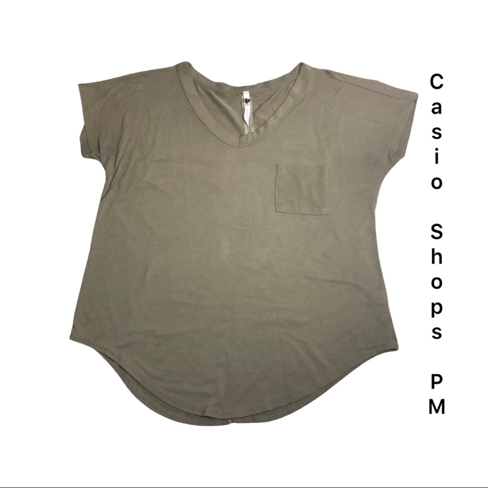 Olive Green V Neck Shirt with pocket and Peep Hole Style Back